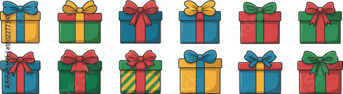 Set of cartoon gift boxes, colorful presents with bows, vector clipart collection for Christmas, birthday, or holiday, isolated icons.
