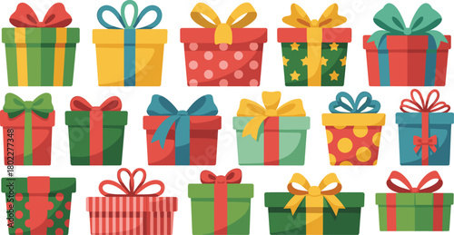 Collection of colorful gift boxes in flat design, set of presents with ribbons, vector illustration for Christmas or birthday, isolated.