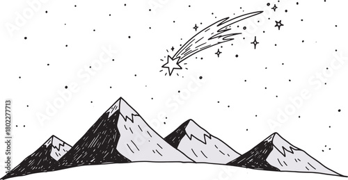 Mountains under a starry night sky with shooting star hand drawn