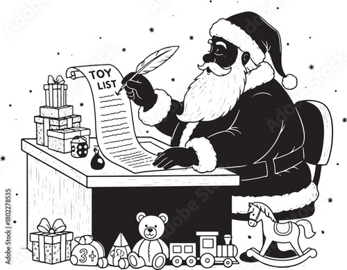 Santa Claus checking a long toy list illustration in black and white