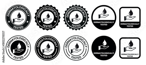 Set dermatologically tested vector label with water drop, leaf and hand logo. Dermatology test and dermatologist clinically proven icon for allergy free and healthy safe product package tag.