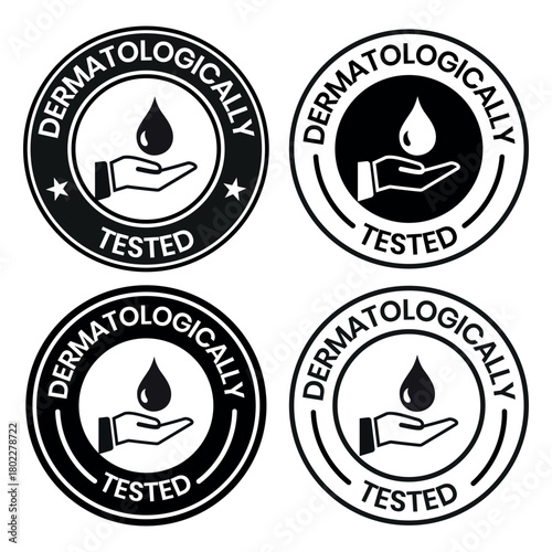 Set dermatologically tested vector label with water drop, leaf and hand logo. Dermatology test and dermatologist clinically proven icon for allergy free and healthy safe product package tag.