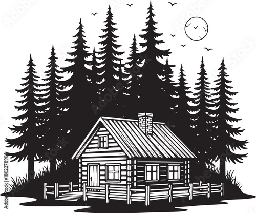 Rustic cabin nestled in the woods beneath a full moon scenery