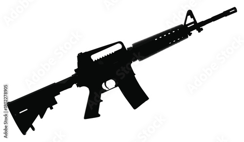 Assault Rifle Silhouette, Black Detailed AR15 Rifle on Transparent Background