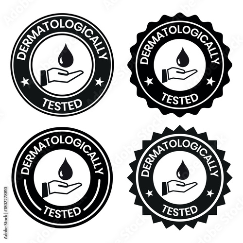 Set dermatologically tested vector label with water drop, leaf and hand logo. Dermatology test and dermatologist clinically proven icon for allergy free and healthy safe product package tag.