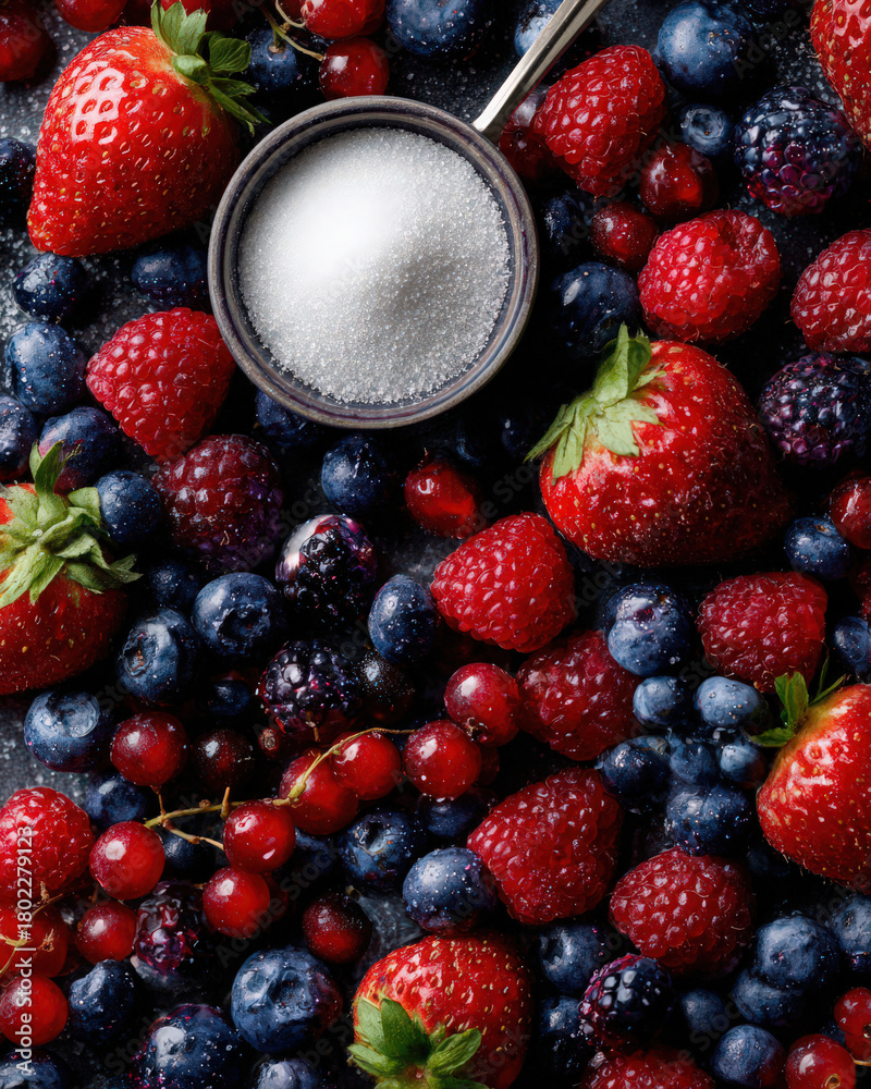Fototapeta premium vibrant flat lay of summer berries on white background
