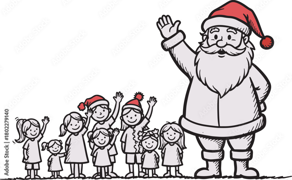 Obraz premium Santa Claus with group of smiling children waving hands illustration