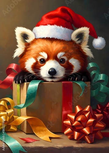 Cute red panda with a Santa hat in a Christmas gift box
