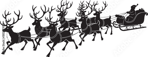 Santa Claus riding in a sleigh pulled by reindeer silhouette vector