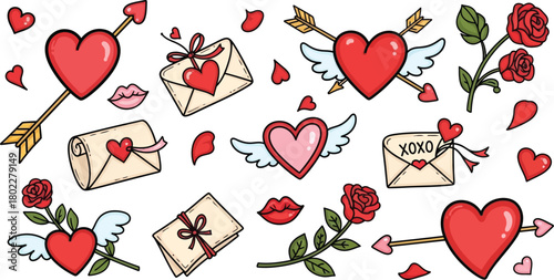 Valentine's Day romantic doodles—hearts, roses, cupid's arrow, love letters, and kisses, cute sketch vector