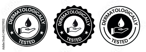 Set dermatologically tested vector label with water drop, leaf and hand logo. Dermatology test and dermatologist clinically proven icon for allergy free and healthy safe product package tag.