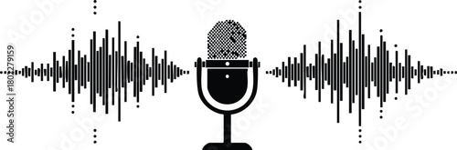 Podcast Audio Waveform Graphic Illustration with Classic Microphone Design in Black and White