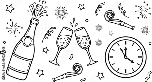 New Year's Eve celebration doodles—champagne bottle, glasses, clock striking midnight, party blowers, black vector outline