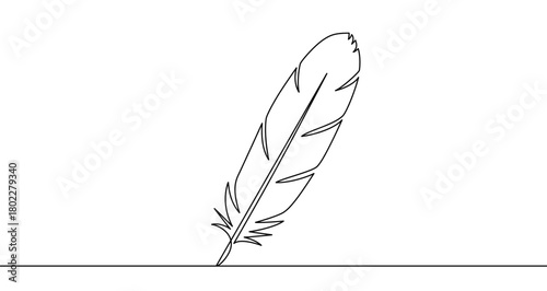 Outline of a writing feather, drawn with one continuous line. Symbol of literature, journalism, copyright, and creativity. Vector illustration.