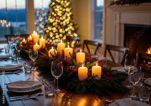 Festive christmas dinner table setting with candles and christmas tree