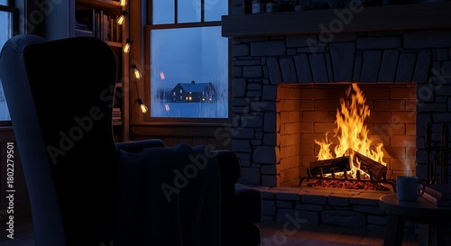 Cozy living room with fireplace, armchair, and christmas lights at night