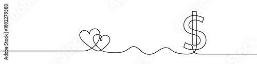 One line drawing of two hearts and a dollar sign. Connection between love and money in continuous line style. Vector illustration.