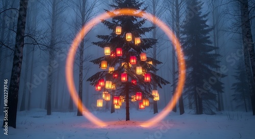 Christmas tree decorated with lantern in winter forest at night