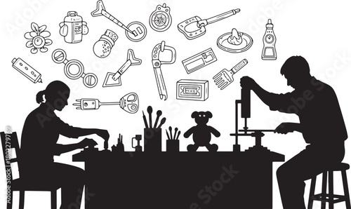 Silhouette artists working with various tools and objects illustration design