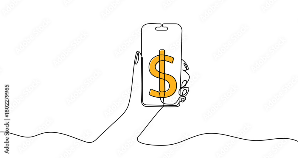 Obraz premium Hand holding a smartphone with a golden dollar sign. Continuous line art for mobile banking, e-commerce, and financial apps. Vector illustration.