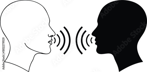 Two people communicating sharing ideas exchanging thoughts in black and white minimalist vector graphic