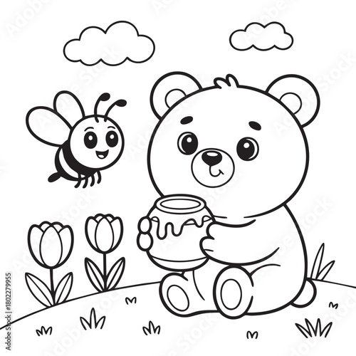 Bear and Bee in Flower Field Outline Illustration
