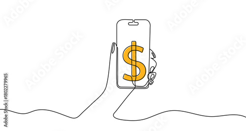 Hand holding a smartphone with a golden dollar sign. Continuous line art for mobile banking, e-commerce, and financial apps. Vector illustration.