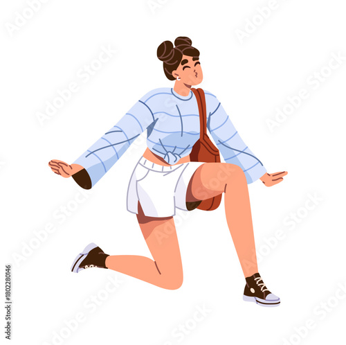 Happy young woman stands in pose on knee and air kisses. Joyful girl in posture shows face gesture of positive emotions. Cute person rejoices. Flat isolated vector illustration on white background