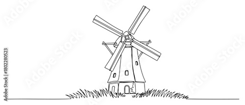 Rural windmill on a field Continuous one line drawing Traditional agricultural building minimalist vector illustration