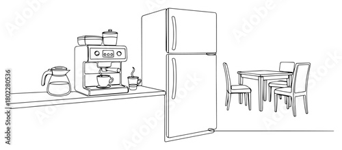Kitchen interior with coffee machine and dining table Continuous one line drawing Modern home furniture minimalist vector illustration