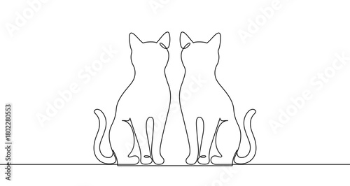Two cats sitting back to back. One line art drawing for pets, animal couple, and love concept. Vector illustration on a white background.