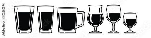 Black Fill in Glasses, Mugs and Goblets on Transparent Background, Outline Style