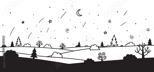 Stylized monochrome landscape illustration with stars moon and trees artwork
