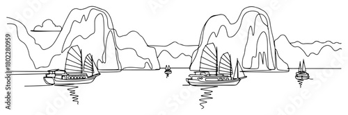 One continuous line drawing of Ha Long Bay in Vietnam Scenic Asian seascape with traditional junk boats in one line art style vector illustration