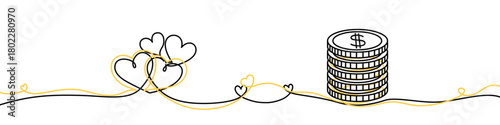 Two hearts and a stack of coins in one line art style. Colored illustration of love and money balance. Vector illustration.