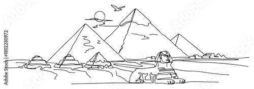 Single continuous line drawing of the Great Pyramids of Giza and the Sphinx Ancient Egypt famous landmark in one line art style vector illustration