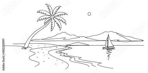 Tropical beach with palm tree and sailboat Continuous one line drawing Island paradise seascape minimalist vector illustration