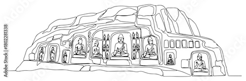 Longmen Grottoes Buddhist statues one continuous line drawing. China ancient landmark vector art.