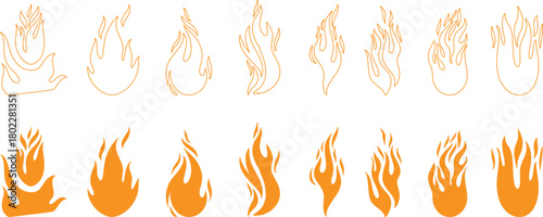 Set of stylized flame icons in outlined and solid versions, featuring dynamic fire shapes for branding, safety signs, digital art, and creative graphic design projects.