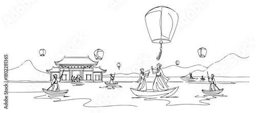 One continuous line drawing of a traditional Asian lantern festival People releasing sky lanterns from boats on a river in one line art style vector illustration