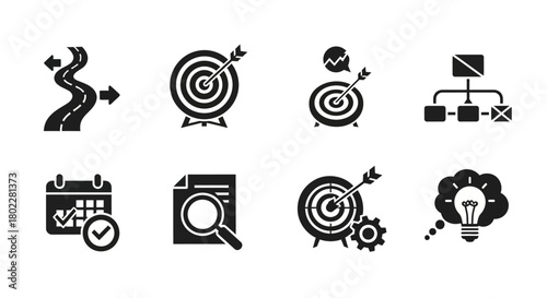 Flat black icons for business strategy and planning with target and idea symbols