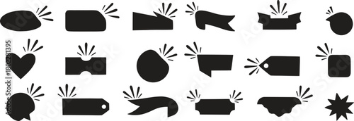 Bold black label shapes with burst accents in a modern graphic style. A versatile collection of tag silhouettes for stickers, badges, sale signs, and promotional designs. Ideal for branding, packaging
