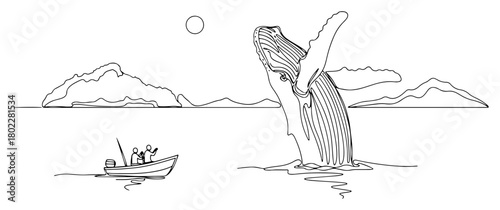 Humpback whale breaching near a fishing boat Continuous one line drawing Giant marine animal and fishermen minimalist vector illustration