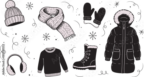 Winter clothing doodle vector illustration seasonal fashion elements collection