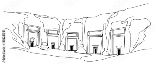 Hegra ancient city in Saudi Arabia Continuous one line drawing Famous archaeological site with Nabatean tombs minimalist vector illustration