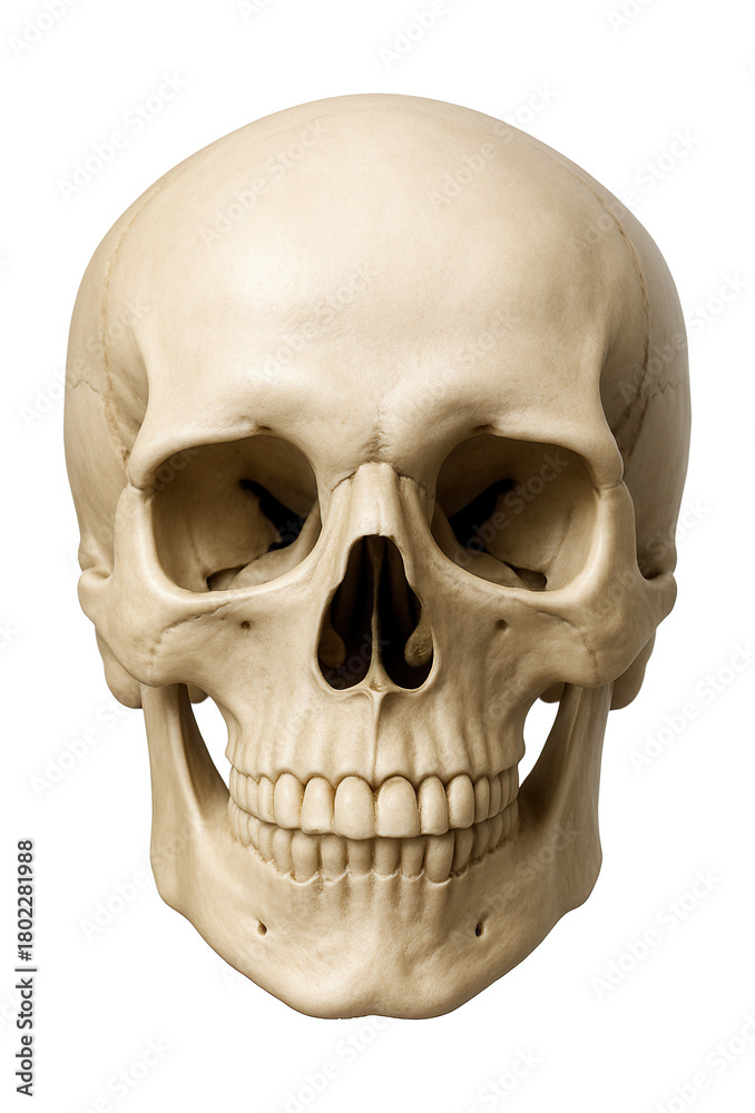 Fototapeta premium Human skull featuring a prominent brow ridge and strong jawline.