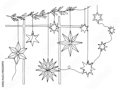 One continuous line drawing of hanging Christmas star ornaments Festive holiday decorations in minimalist one line art style vector illustration