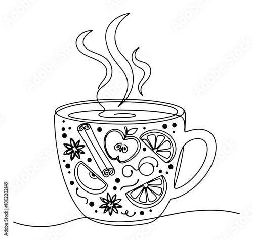 Mulled wine in a festive mug with spices Continuous one line drawing Hot winter drink minimalist vector illustration