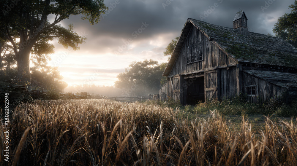 Fototapeta premium Old wooden barn at sunrise with wheat field, rural countryside landscape, dramatic sky, misty morning, weathered timber, golden crops, serene agricultural scene