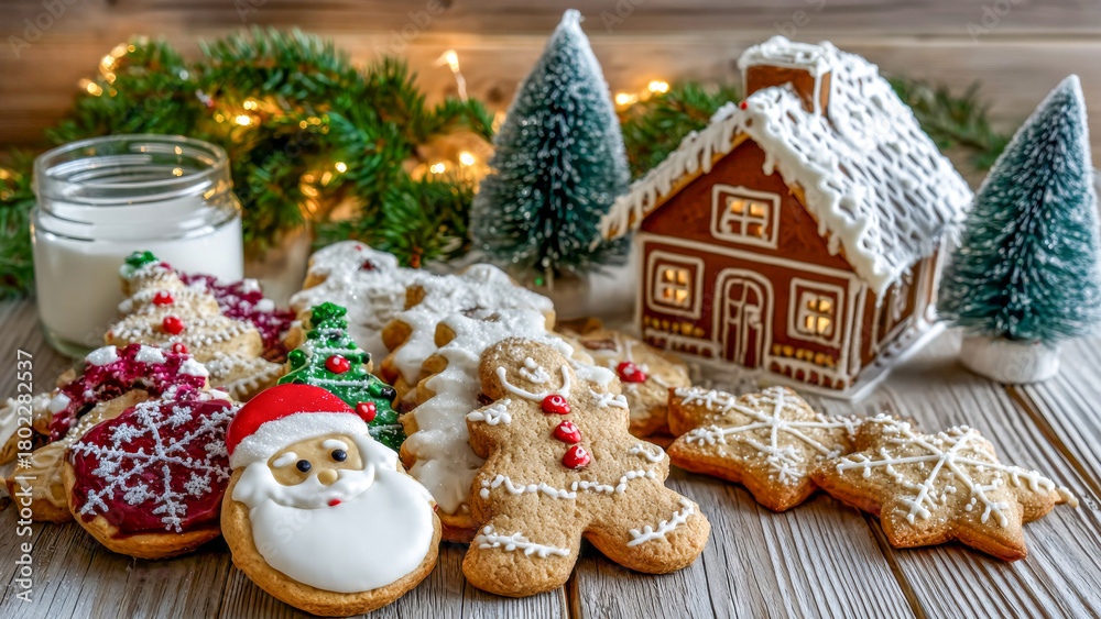 Obraz premium Festive cookies and a gingerbread house create a warm holiday scene by glowing fairy lights on a wooden table